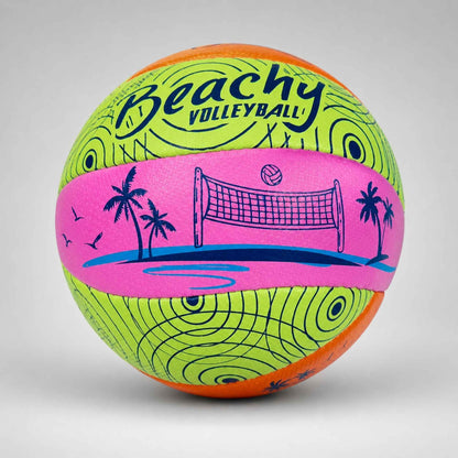 Close up view of Beachy Volleyball with volleyball net design on a gray background