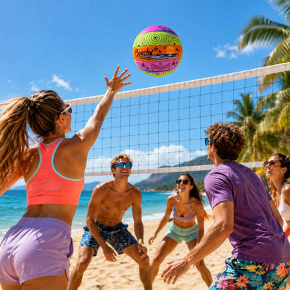Group of people playing with a Beachy Volleyball on a sunny day with palm trees in the background.