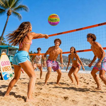 Group of people playing with a Beachy Volleyball on a sunny day with palm trees and ocean in the background.