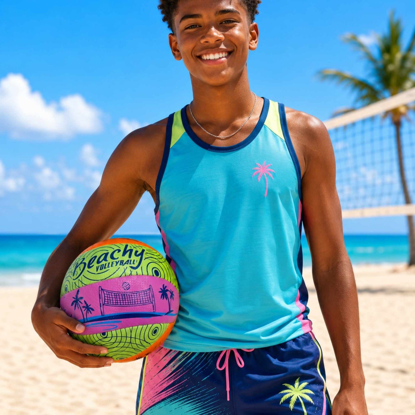 Person holding a Beachy Volleyball on a sandy beach with palm trees and blue sky.