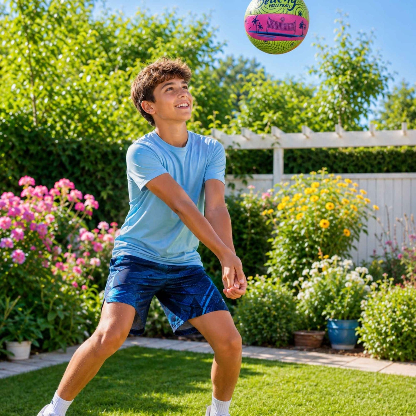 Boy playing with a Beachy Volleyball in a garden