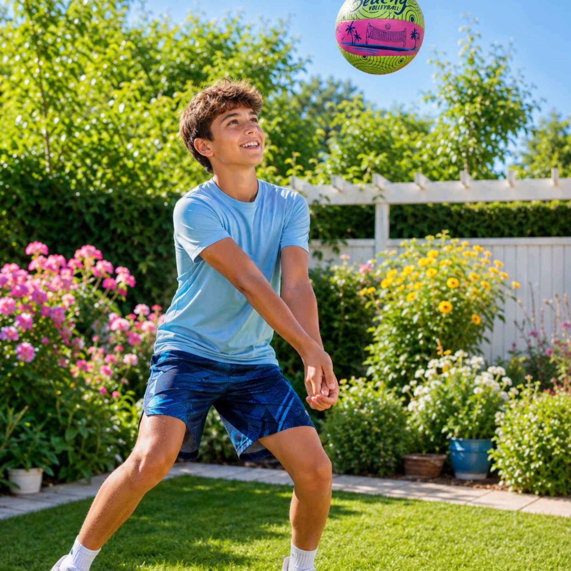 Boy playing with a Beachy Volleyball in a garden