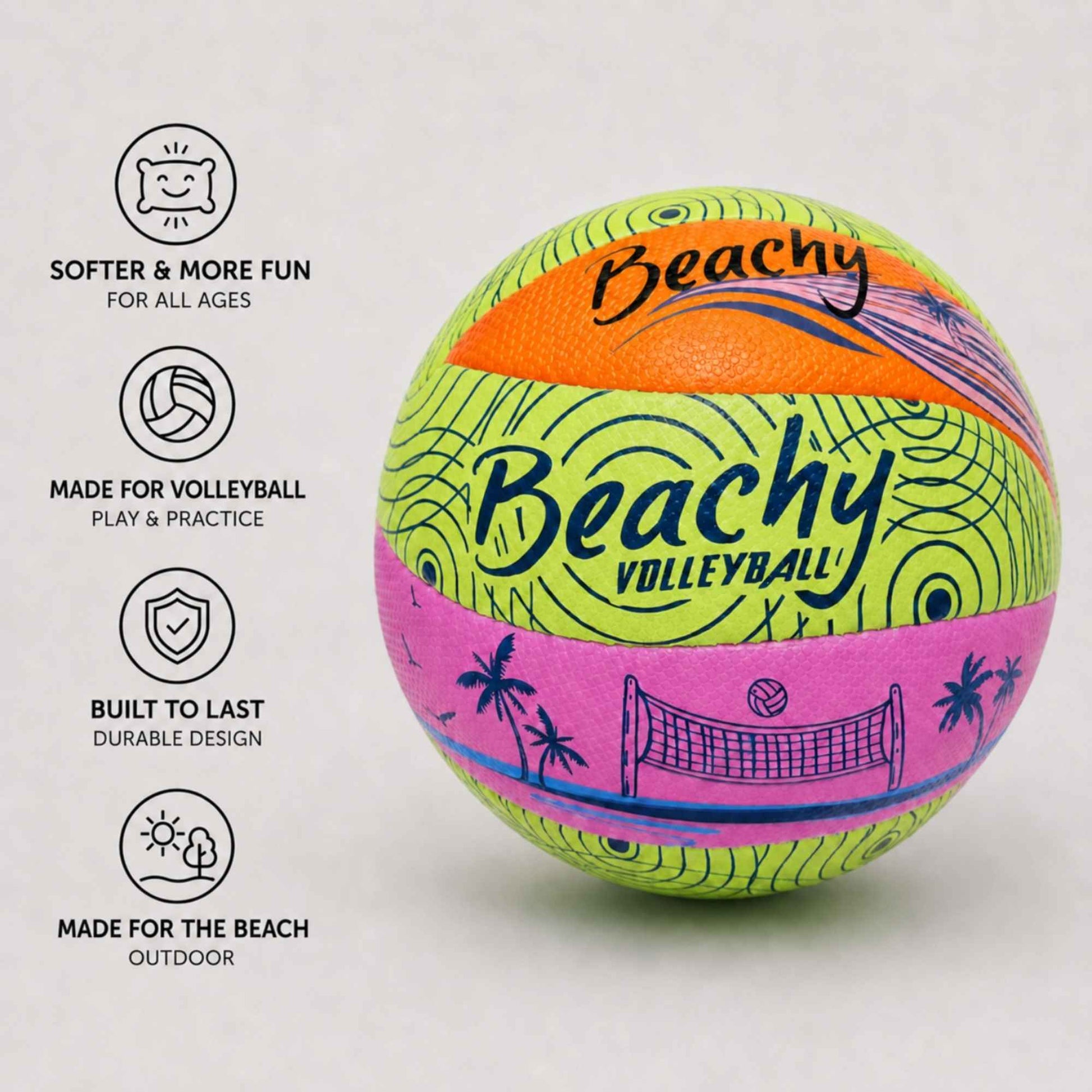 A colorful Beachy Volleyball toy ball on a light gray background, with feature callout icons on the left. The ball has lime green, orange, and pink panels with black text and graphics.