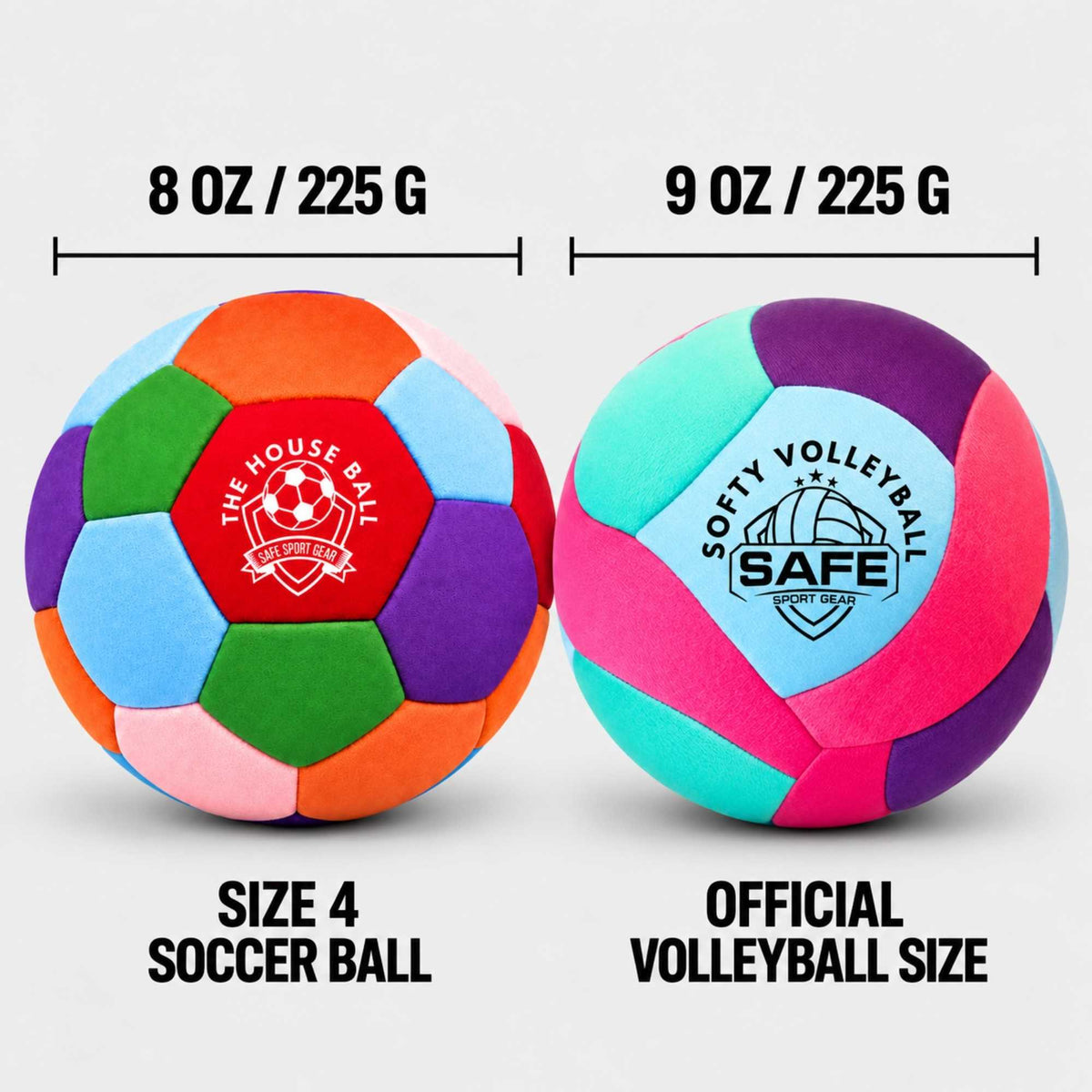 Two colorful indoor balls shown on a light gray background with size text above and below. The left ball is labeled 8 oz / 225 g and is soccer-size; the right ball is labeled 9 oz / 225 g and is official volleyball size.