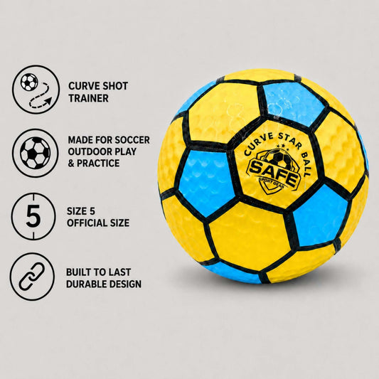 A Curve star swerve soccer ball with black panels and a visible 'Safe Sport Gear' logo, shown on a light gray background with four feature callouts on the left.