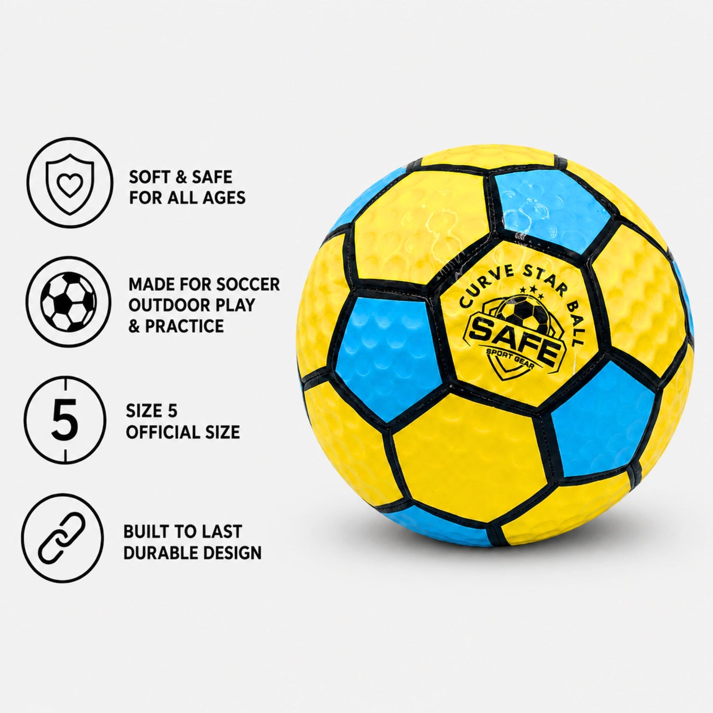 Curve Star Swerve Soccer Ball with safety features and Safe Sport Gear logo on a white background