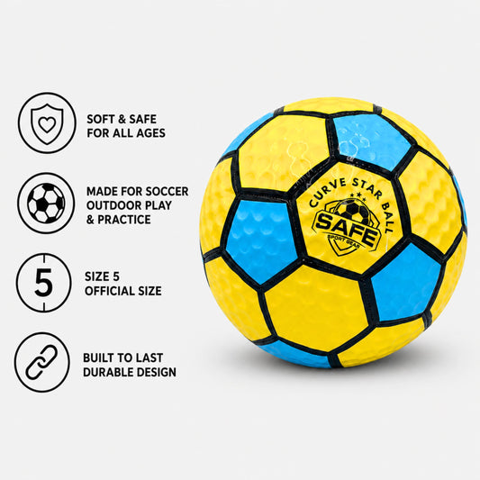 Curve Star Swerve Soccer Ball with safety features and Safe Sport Gear logo on a white background