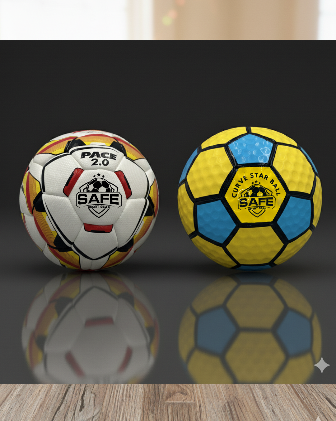 Two Soccer Balls with 'SAFE SPORT GEAR' logo on a gray background