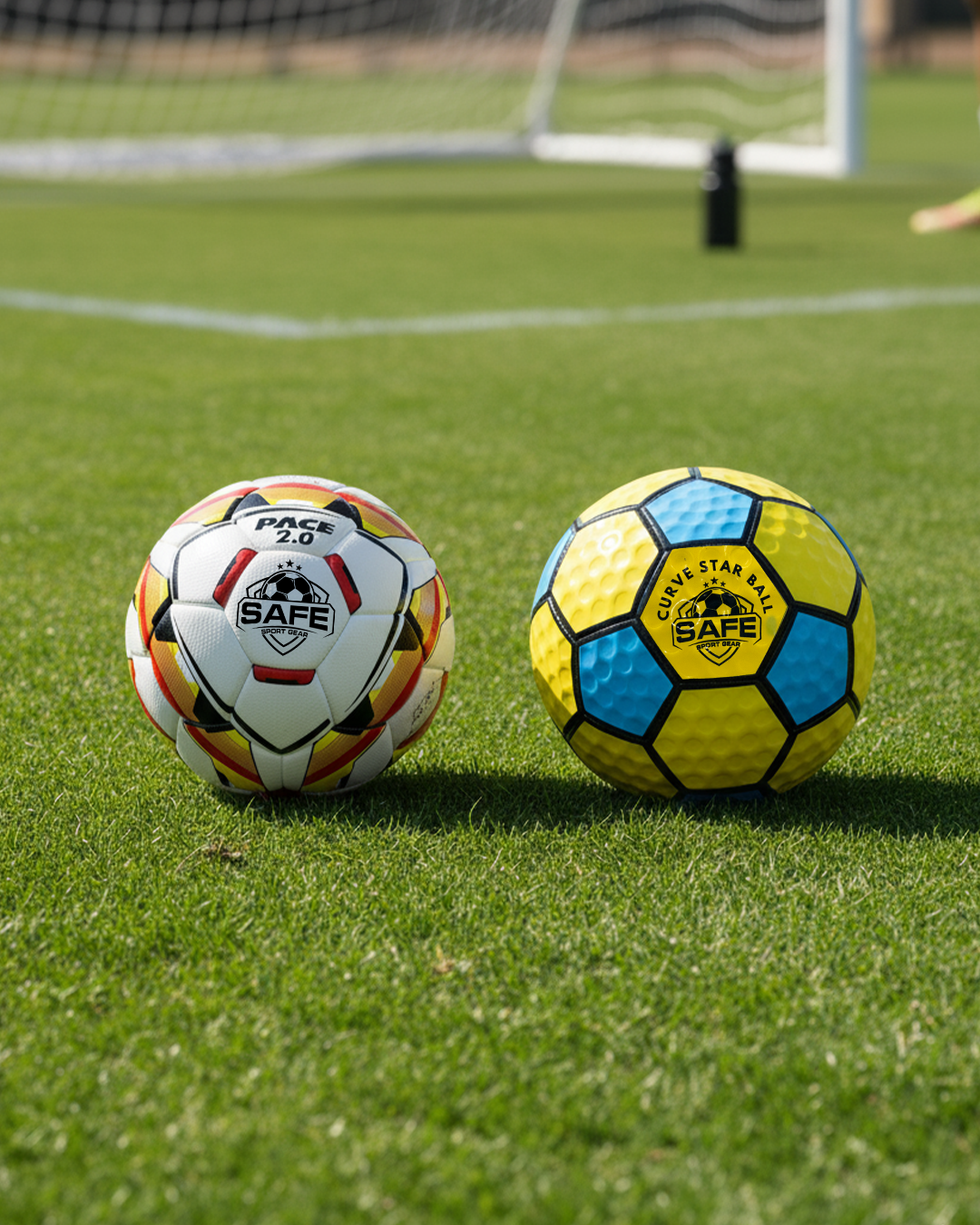 Two Soccer Balls with 'SAFE SPORT GEAR' logo on a grass outdoors