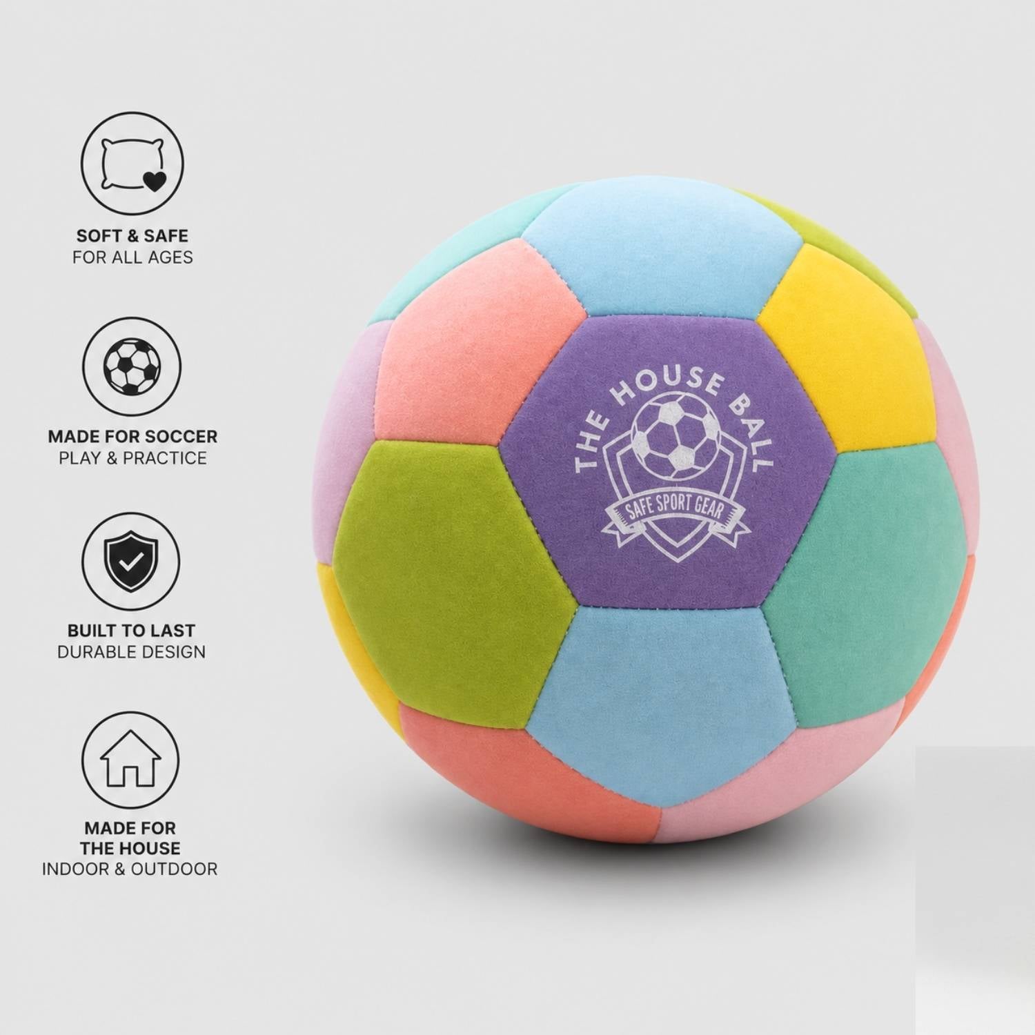 The Houseball - EE soccer ball with Safe Sport Gear logo on a light gray background