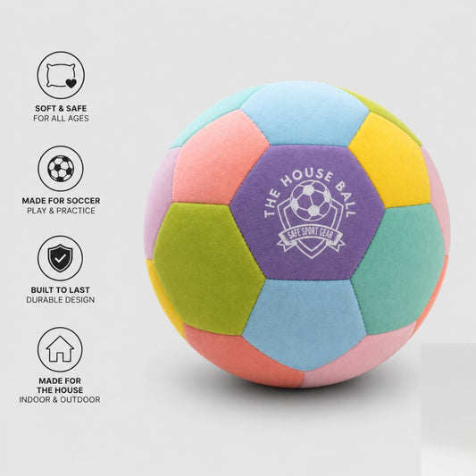 The Houseball - EE soccer ball with Safe Sport Gear logo on a light gray background