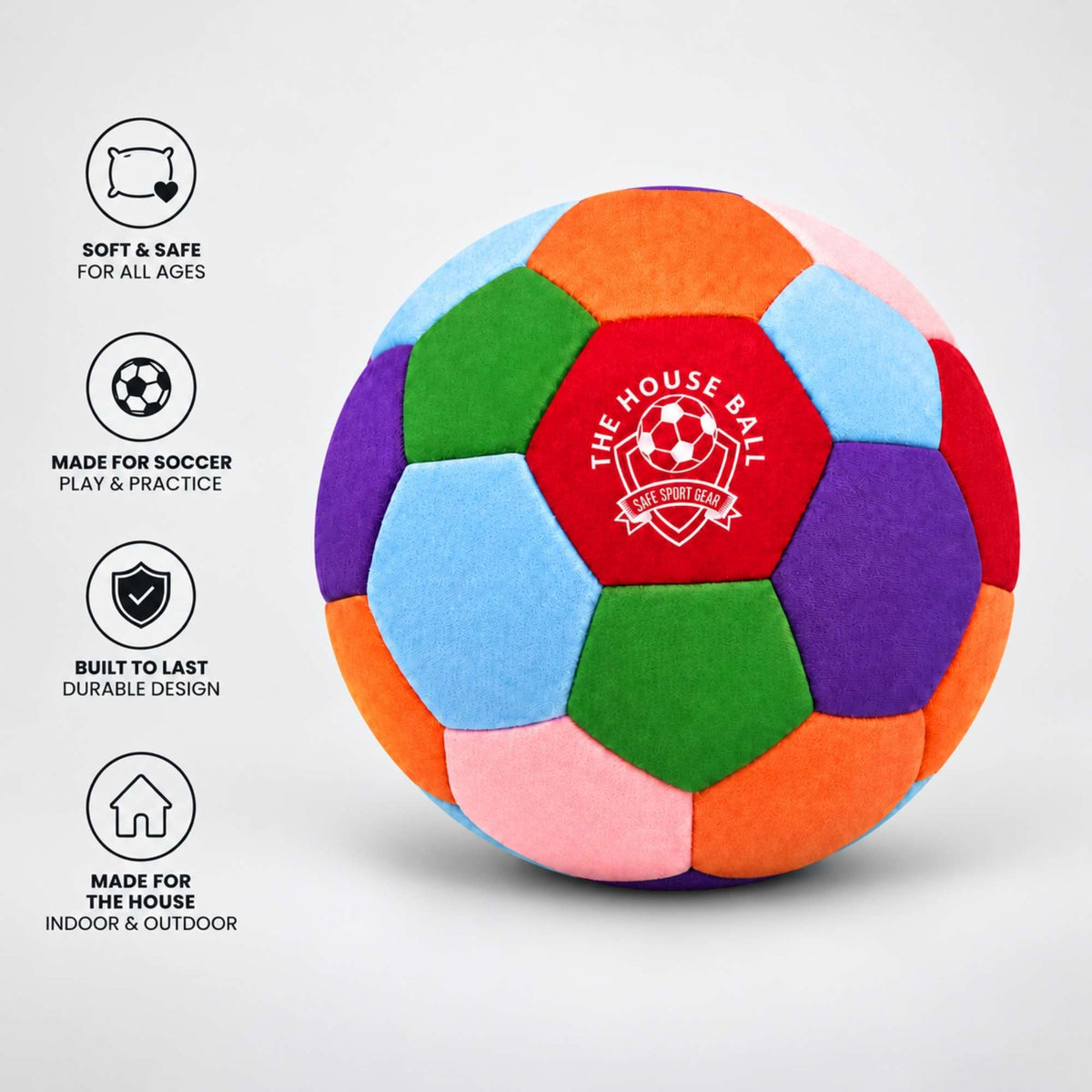 The House Ball soft soccer ball with Safe Sport Gear logo on a light gray background