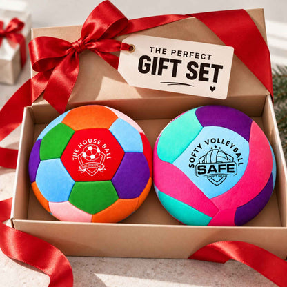 Multicolored House Ball and teal, pink and purple Softy volleyball in an open gift box with a red ribbon and ‘The Perfect Gift Set’ tag