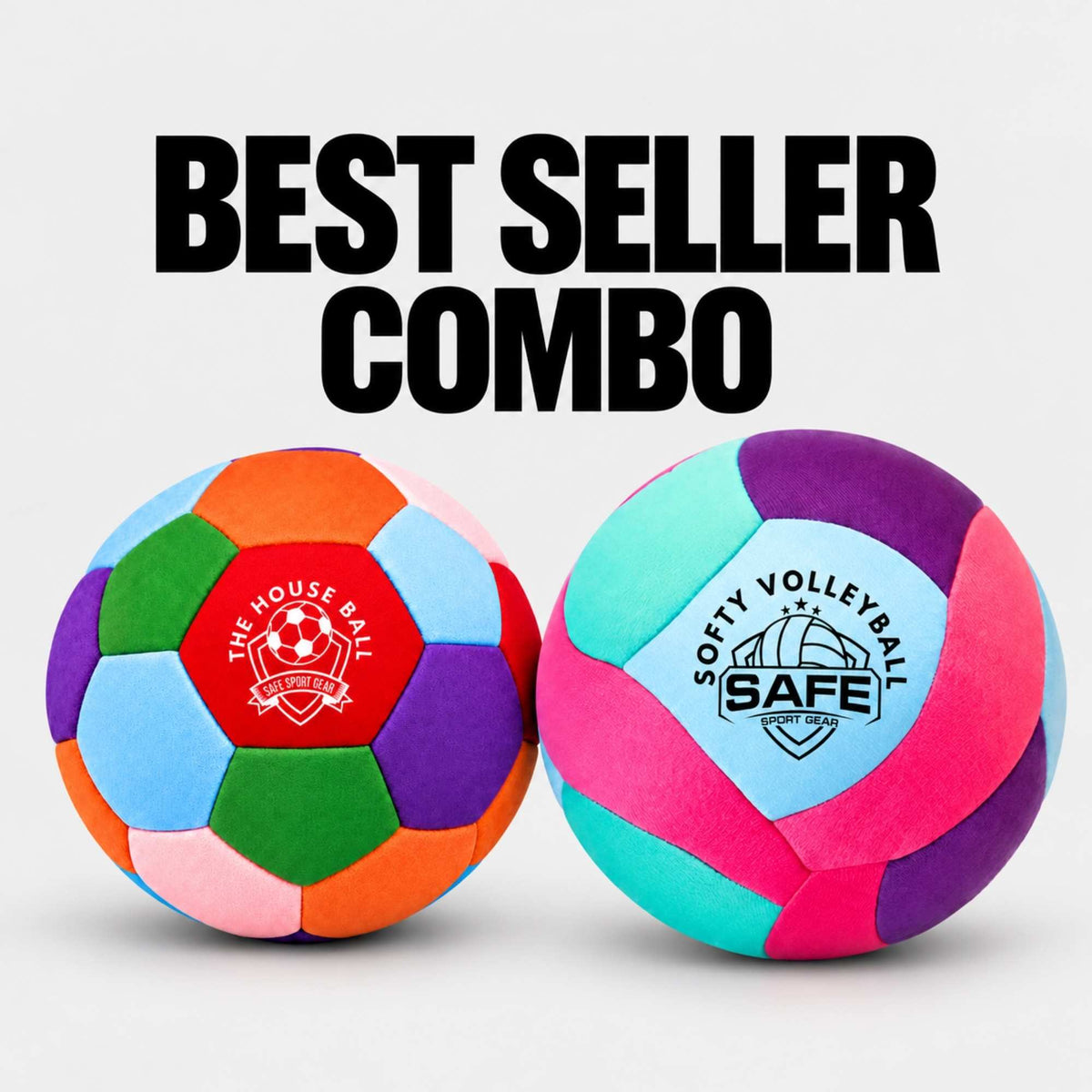 Two colorful indoor sports balls on a light gray background with large black text reading 'BEST SELLER COMBO' above them. One ball shows a red center panel with a soccer ball logo and the words 'THE HOUSE BALL', and the other shows a light blue panel with 'SOFTY VOLLEYBALL' and Safe Sport Gear logo