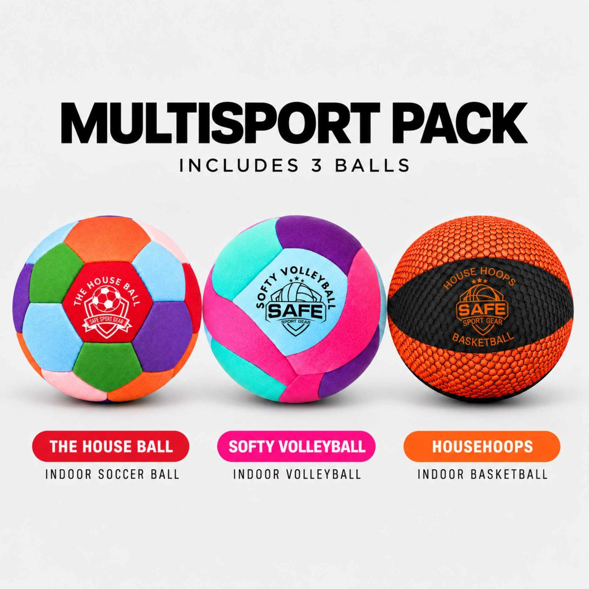Three indoor sports balls in multisport pack. Pack includes the house ball, softy volleyball and househoops basketball