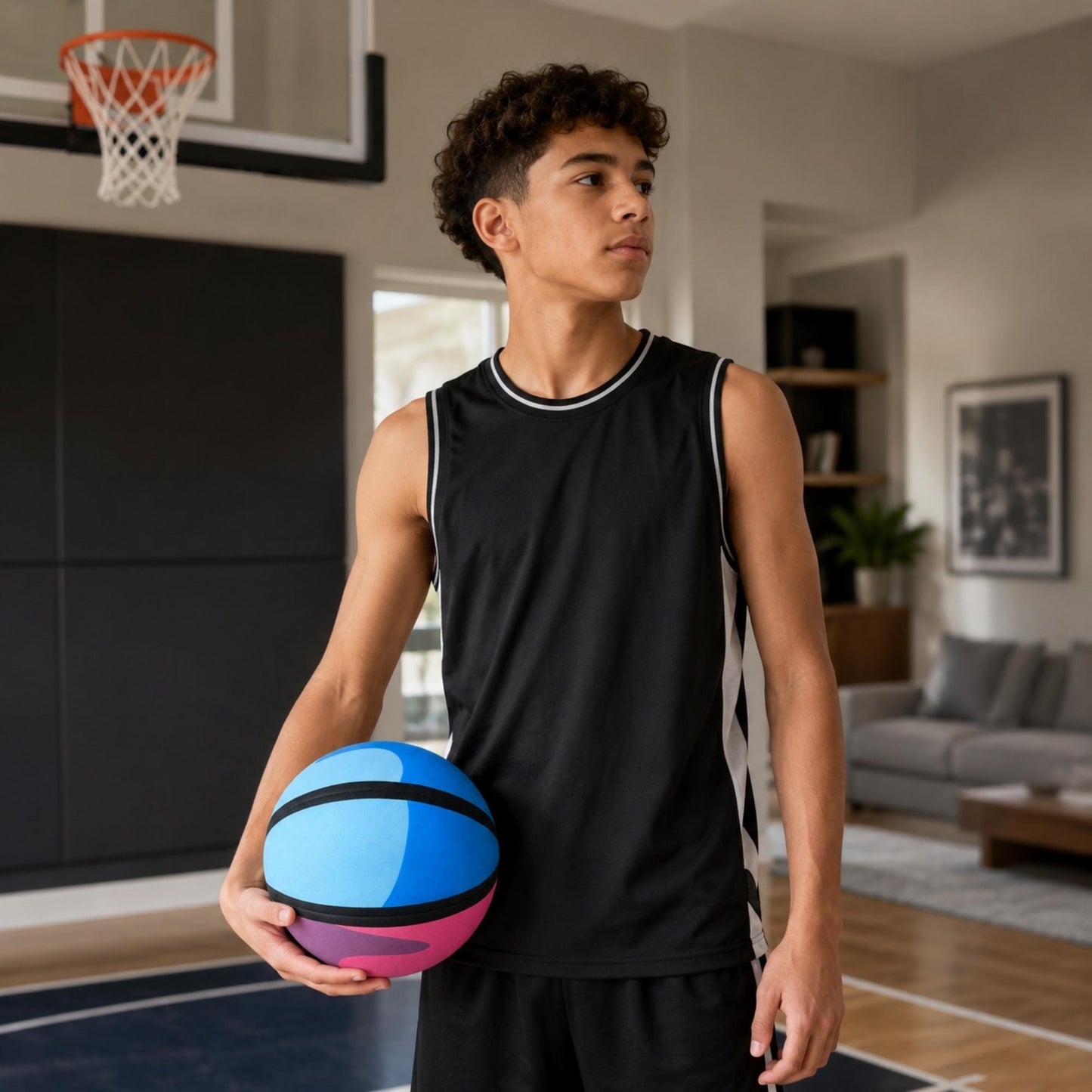 Person holding a HouseHoops basketball - Soft Handles in a living room with a basketball hoop.