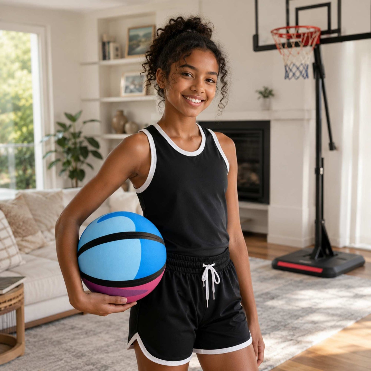 Young girl holding a HouseHoops basketball - Soft Handles in a living room with a basketball hoop.