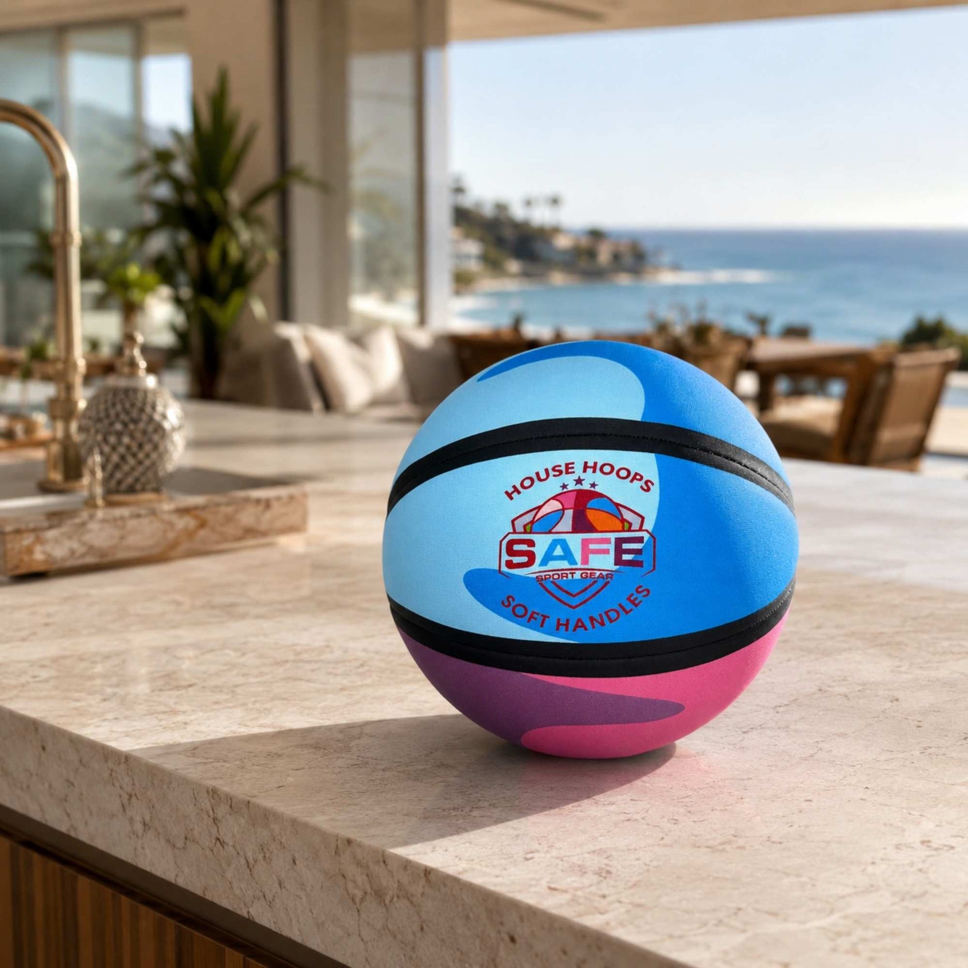 HouseHoops basketball - Soft Handles with Safe Sport Gear logo on a countertop with a scenic background