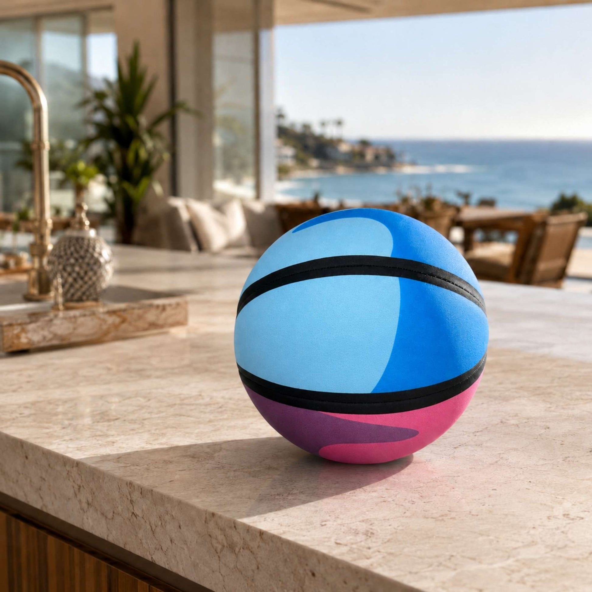 HouseHoops basketball - Soft Handles on a kitchen counter with a scenic view of water and buildings in the background