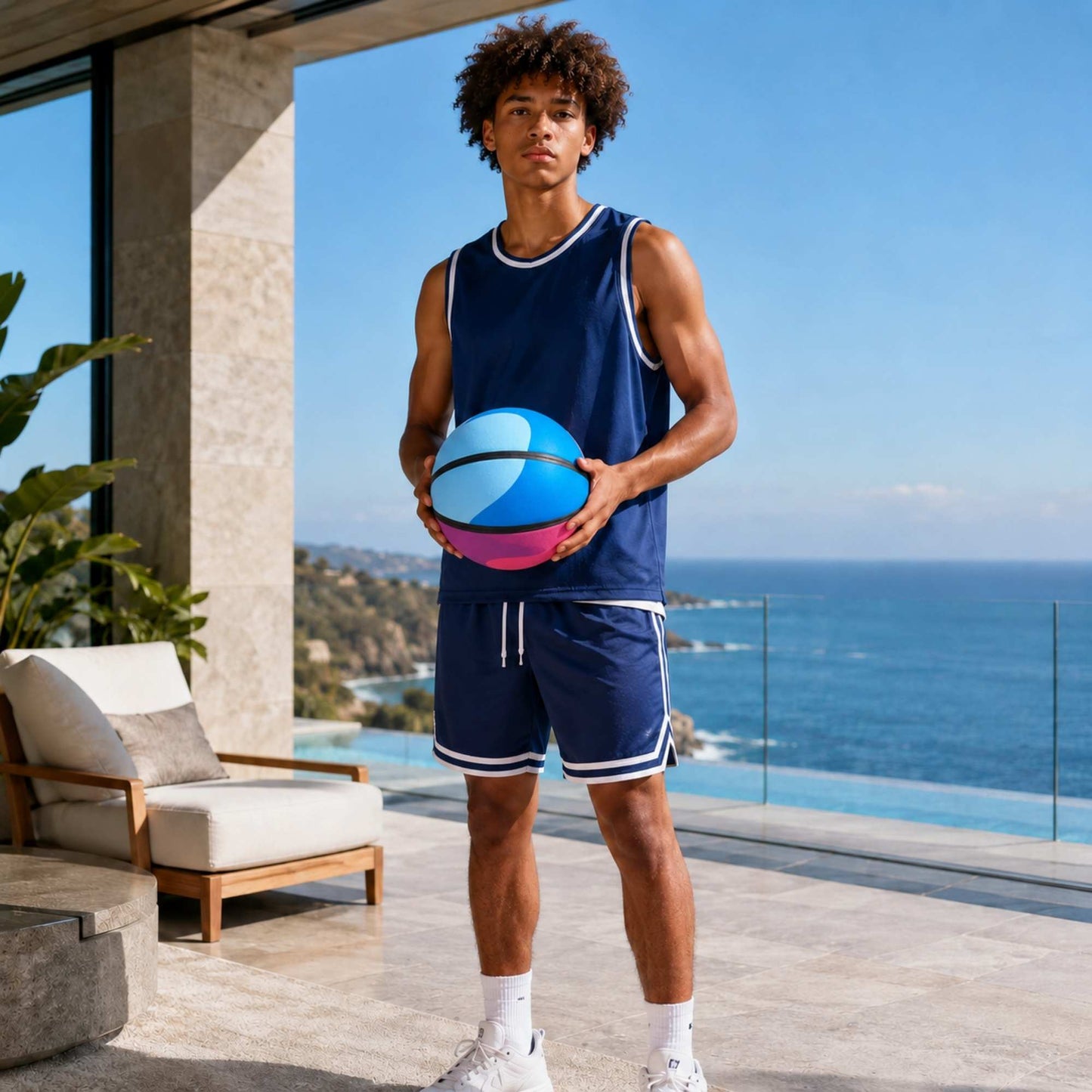 Person holding a HouseHoops basketball - Soft Handles in an outdoor setting with ocean view