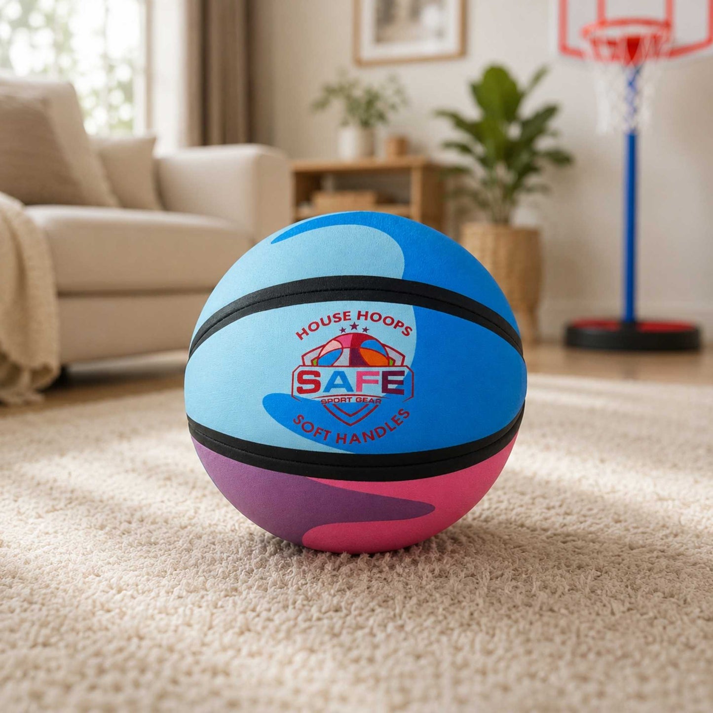 HouseHoops basketball - Soft Handles with Safe Sport Gear logo on a carpeted floor in a living room.