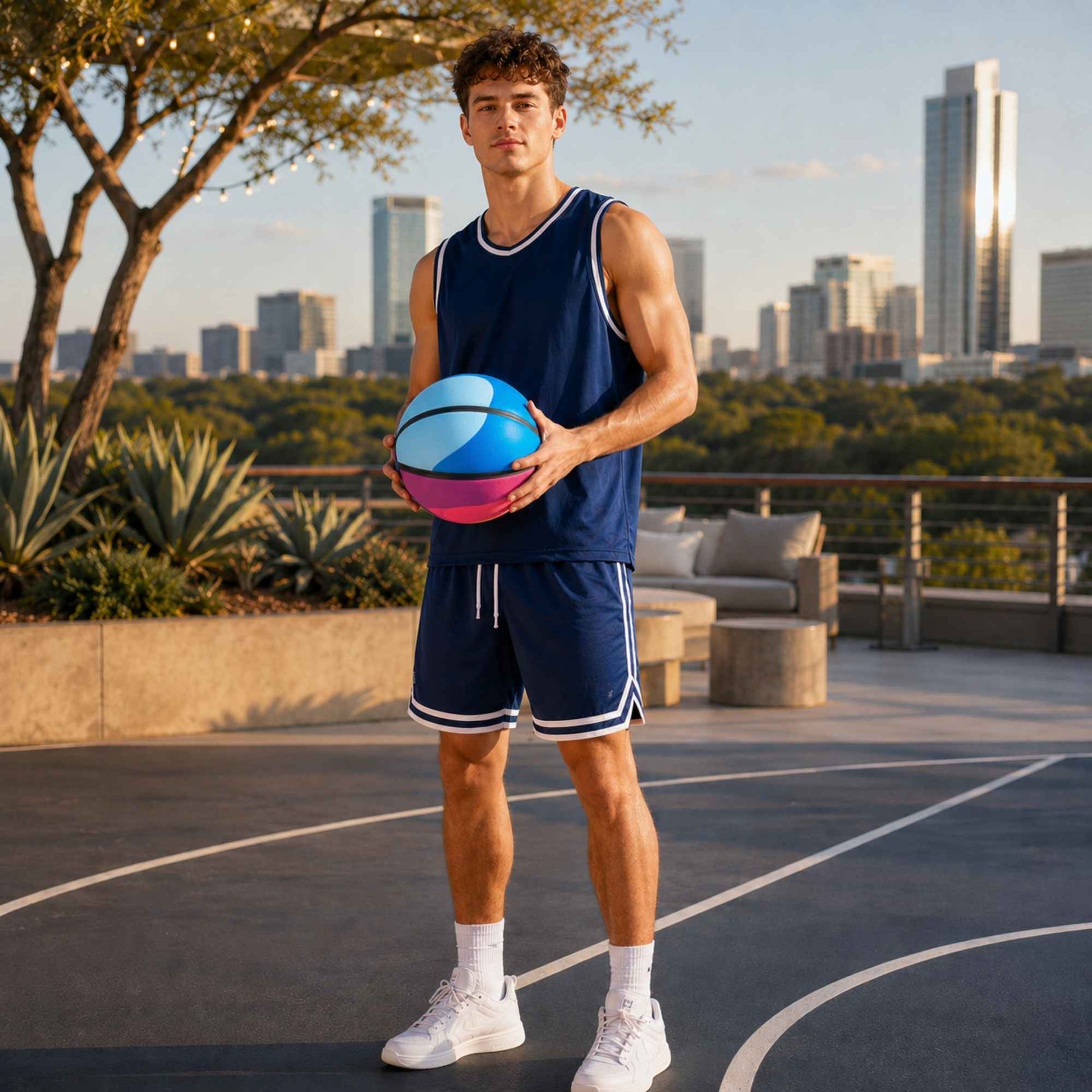 Man holding a HouseHoops basketball - Soft Handles on an outdoor court with city skyline in the background