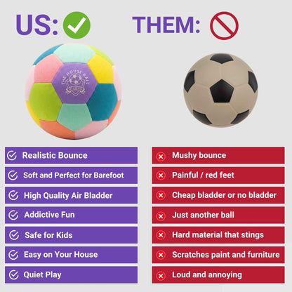 Comparison chart between a House Ball - EE and a traditional soccer ball with pros and cons listed.