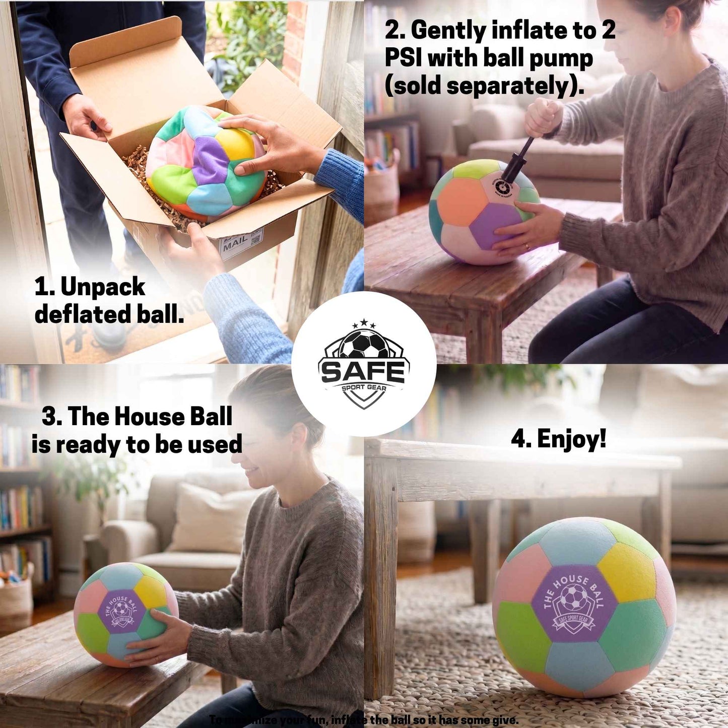 Instructions for inflating and using a House Ball - EE with a Safe Sport Gear brand logo at the center