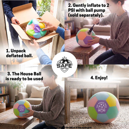 Instructions for inflating and using a House Ball - EE with a Safe Sport Gear brand logo at the center