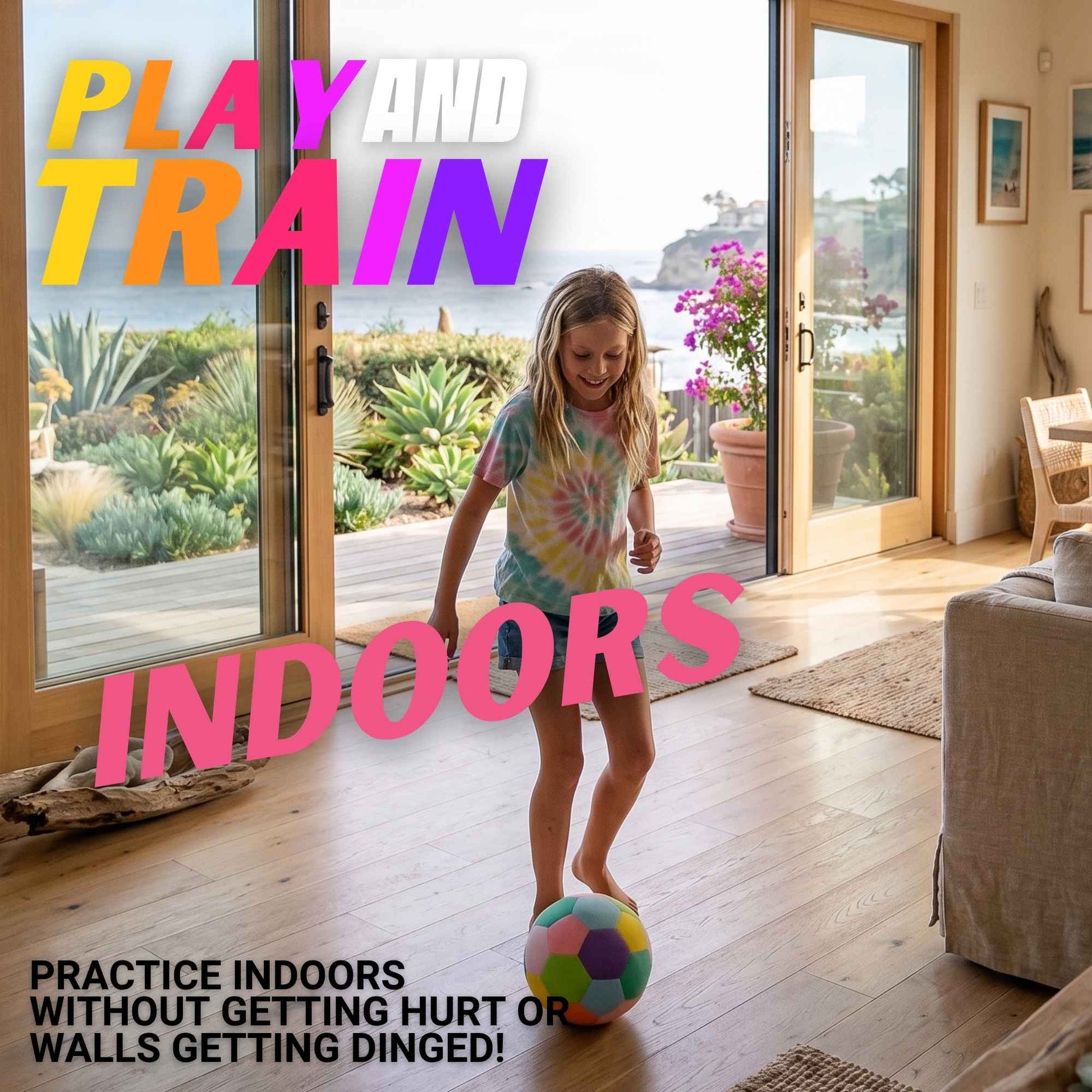 Child playing with a House Ball - EE  in a home setting with text overlay about indoor play and training.