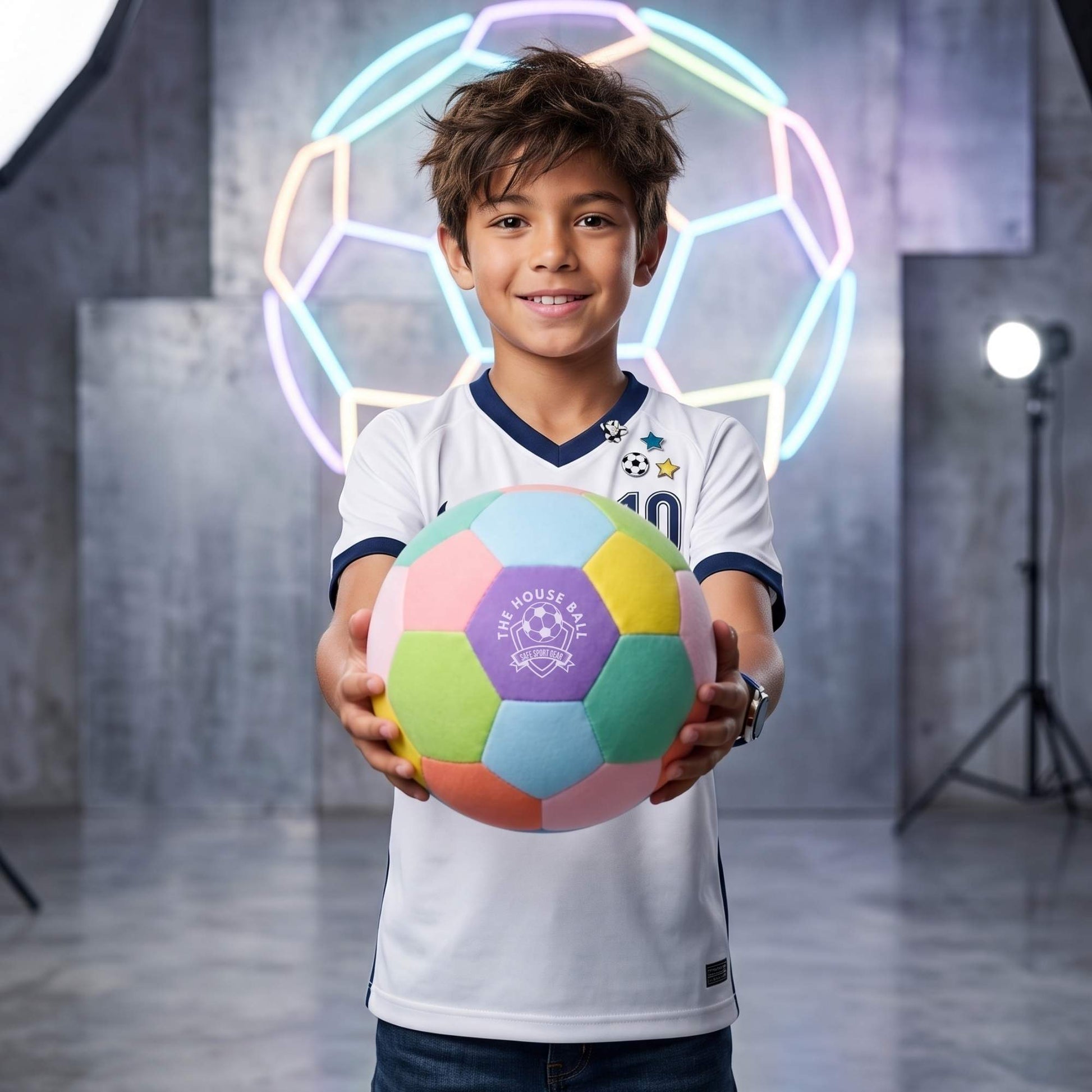 Child holding a House Ball - EE with a neon soccer ball light fixture in the background