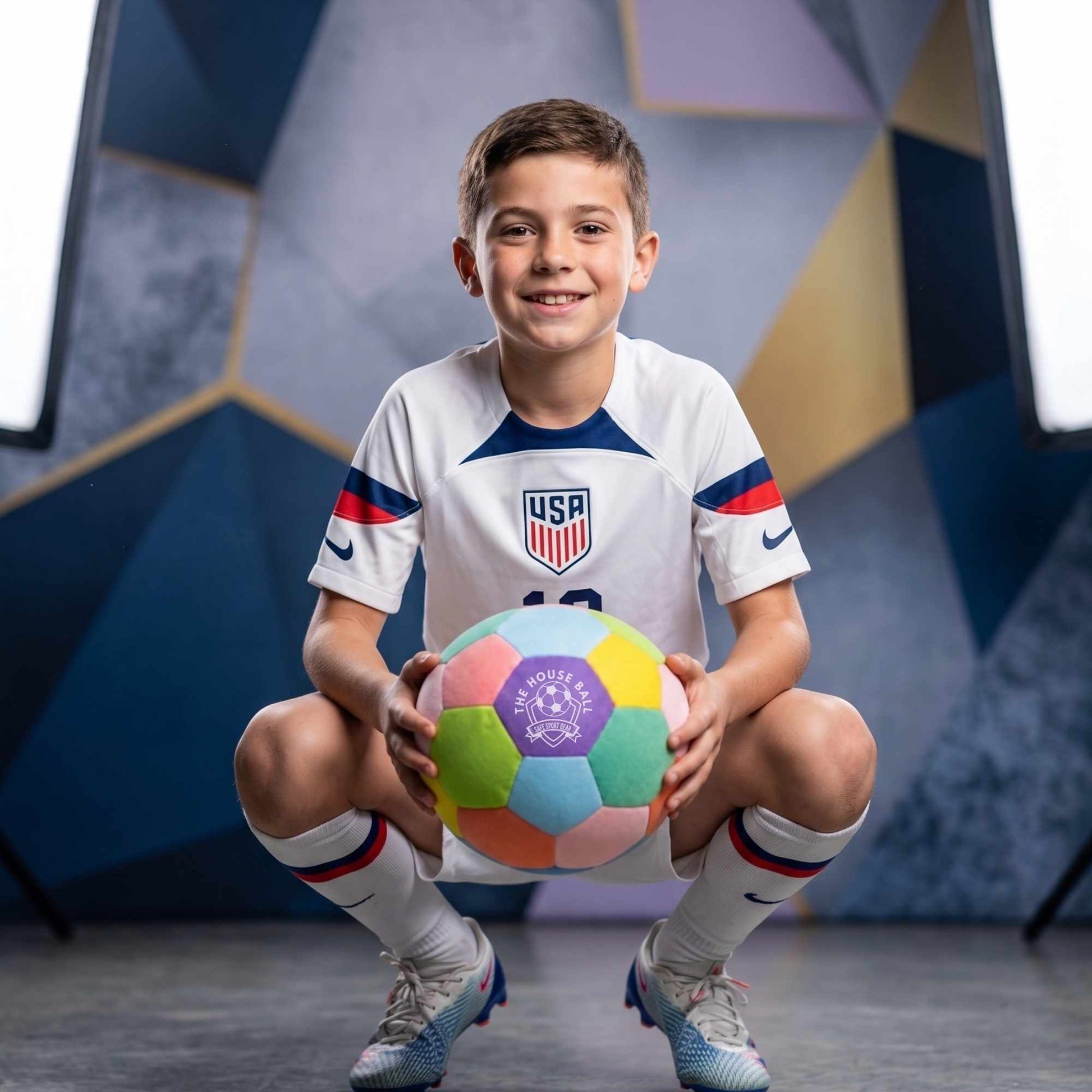 Child wearing a USA soccer jersey holding a House Ball - EE in front of a geometric background