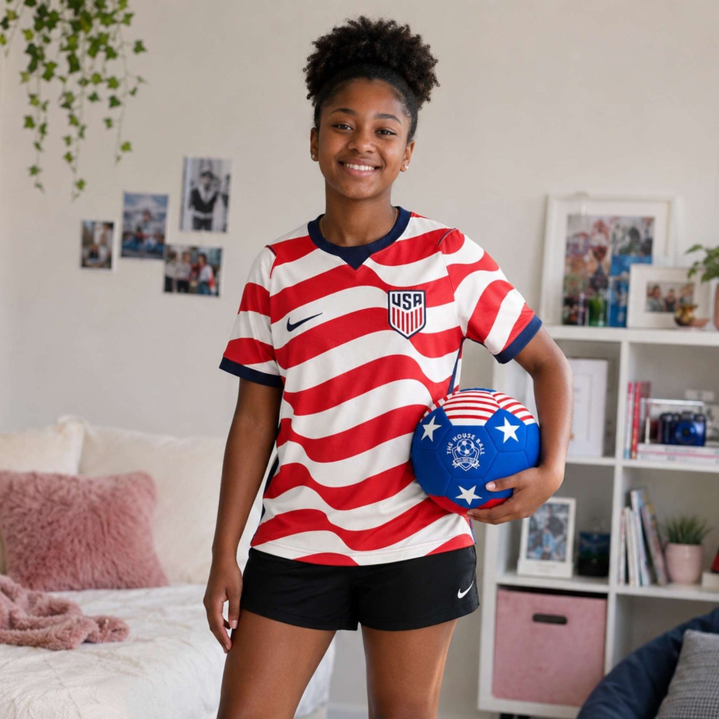 Person wearing a red, white, and blue sports jersey with a House Ball - USA in a room.