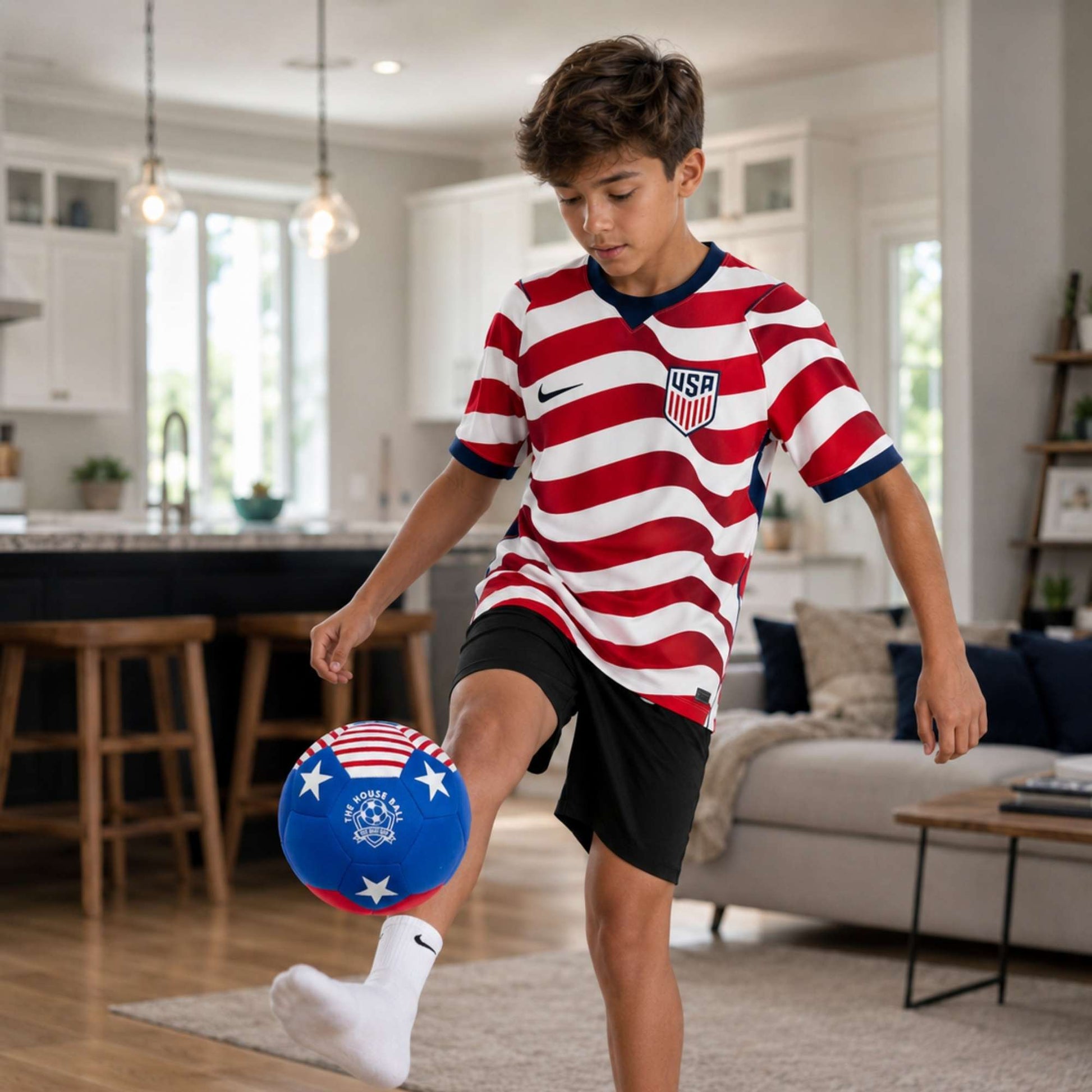 Child playing with a House Ball - USA in a living room