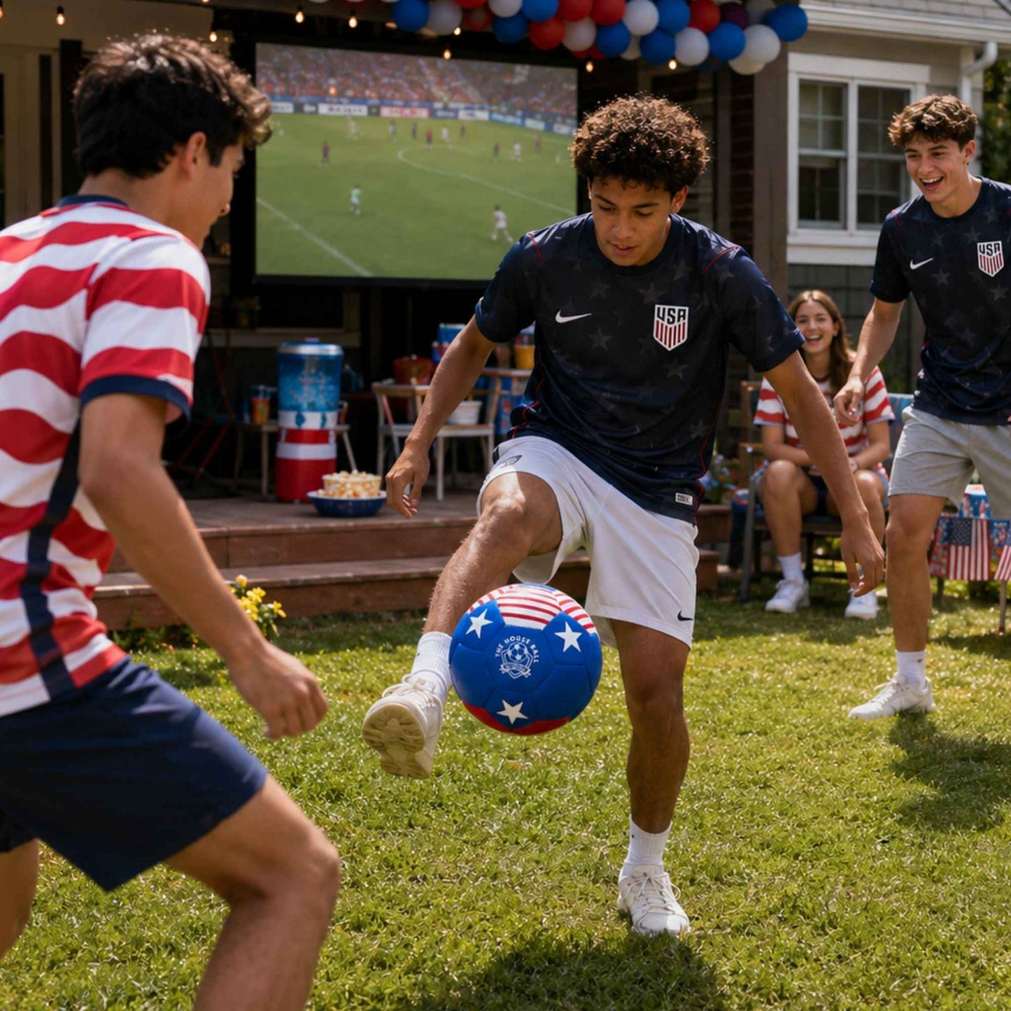 Two young men playing with a House Ball - USA in a backyard setting.