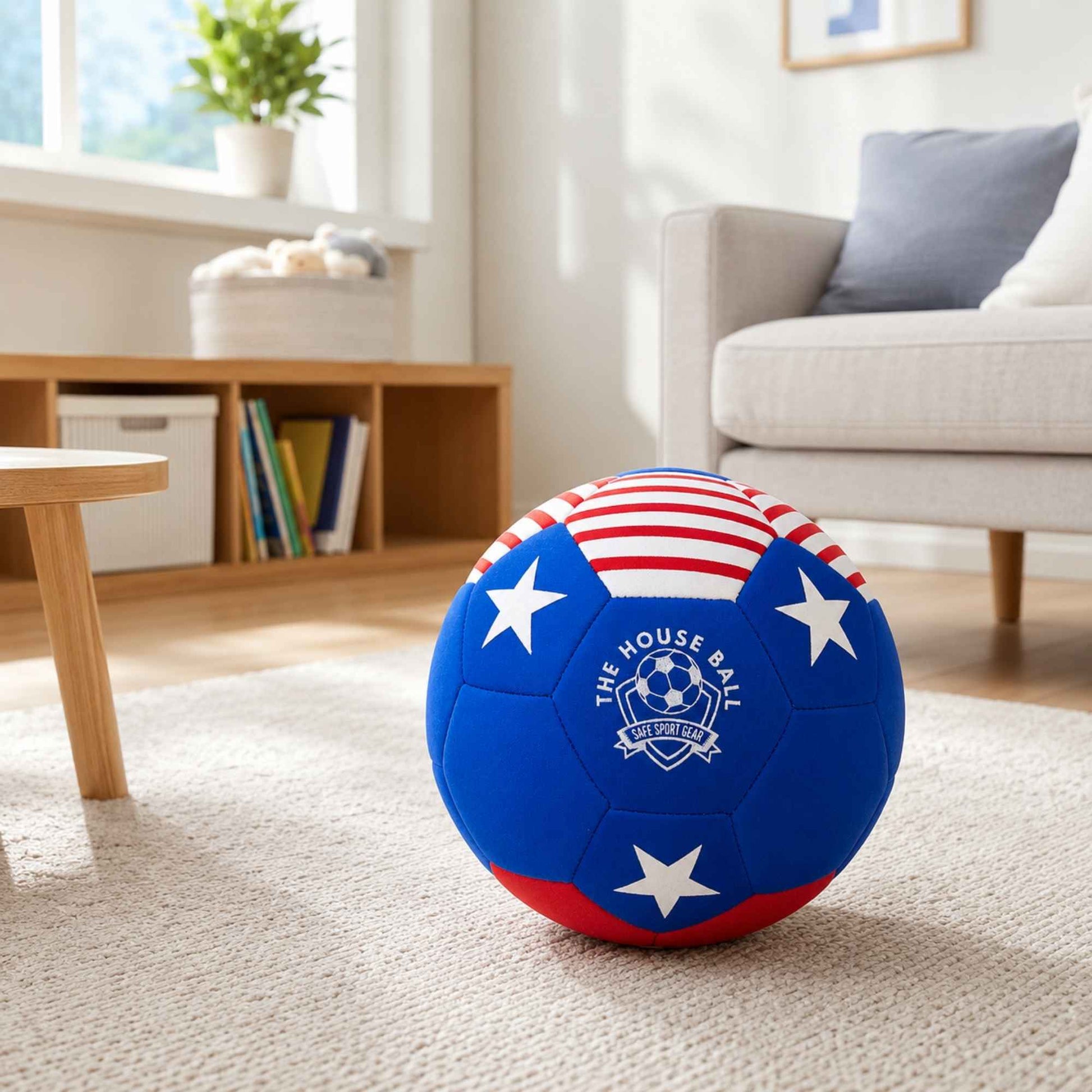House Ball - USA on a carpeted floor in a living room.