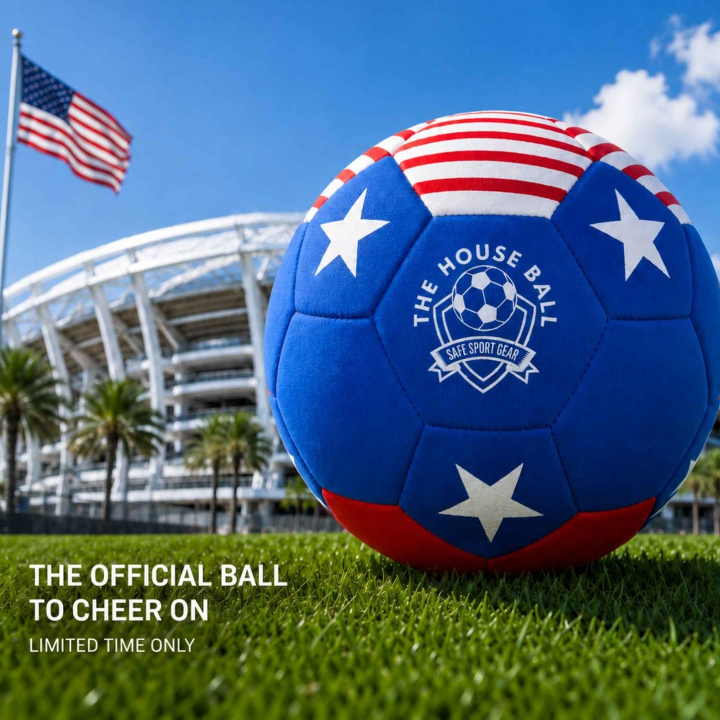House Ball - USA with white stars design on grass with stadium and American flag in the background