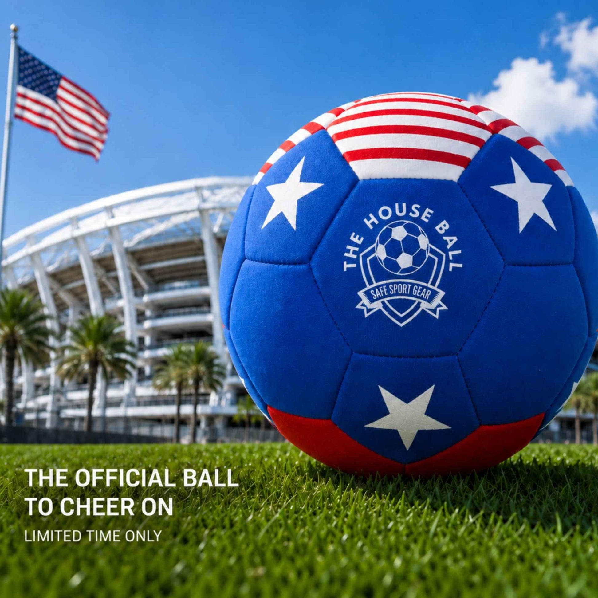 House Ball - USA with white stars design on grass with stadium and American flag in the background