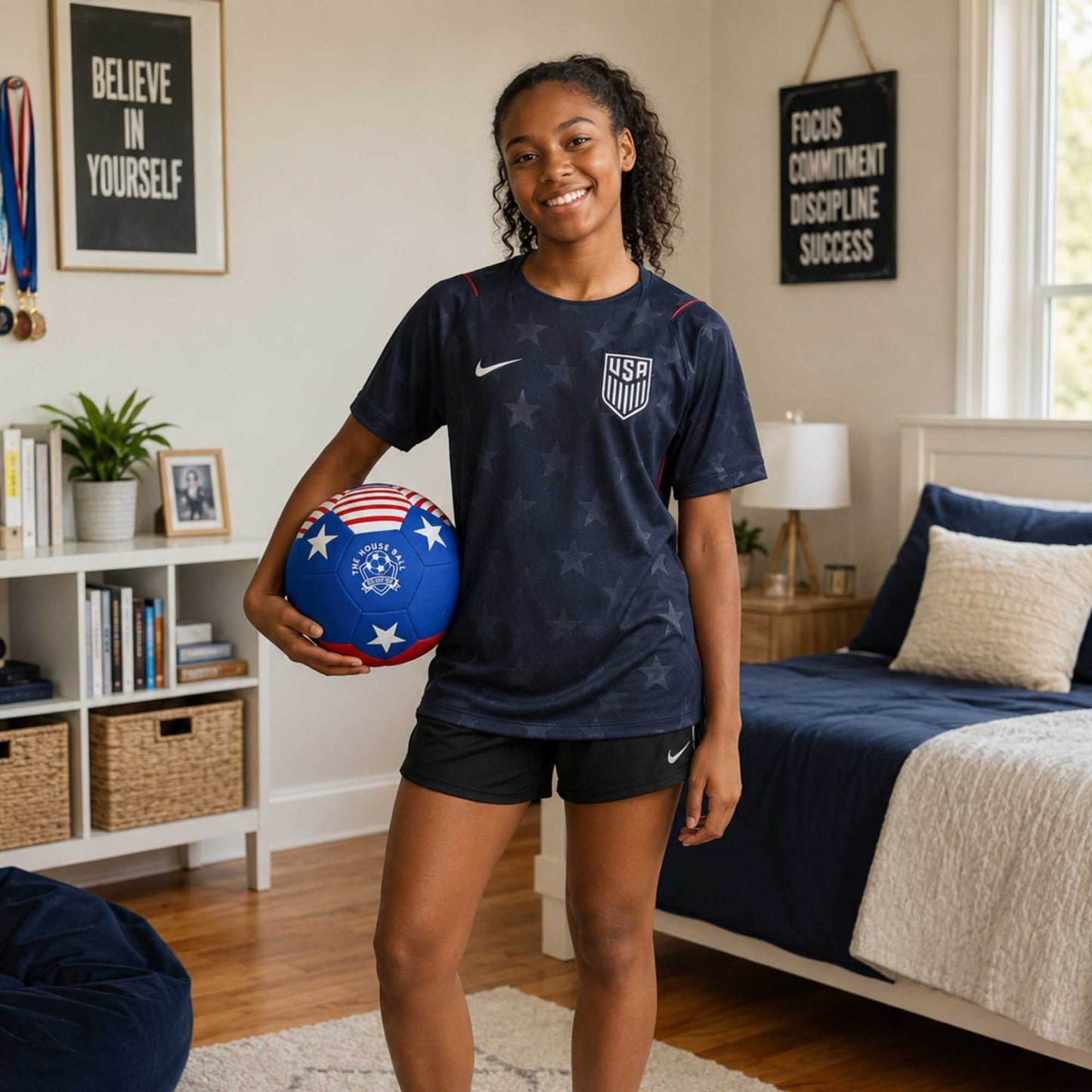 Young girl in a bedroom holding a House Ball - USA ball, wearing a USA sports jersey.