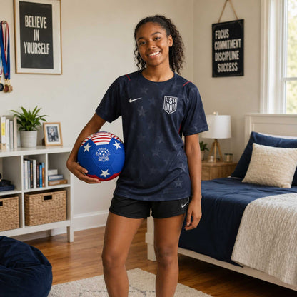 Young girl in a bedroom holding a House Ball - USA ball, wearing a USA sports jersey.