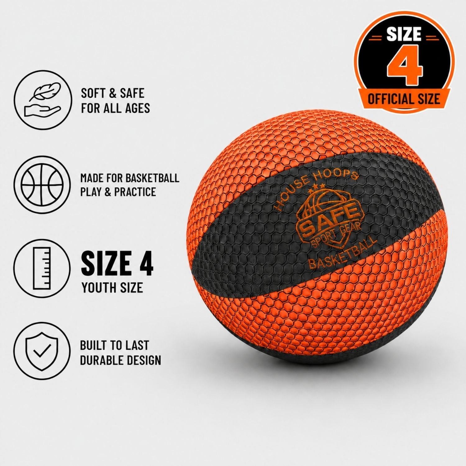 HouseHoops Basketball with size 4 with Safe Sport Gear logo on a light gray background