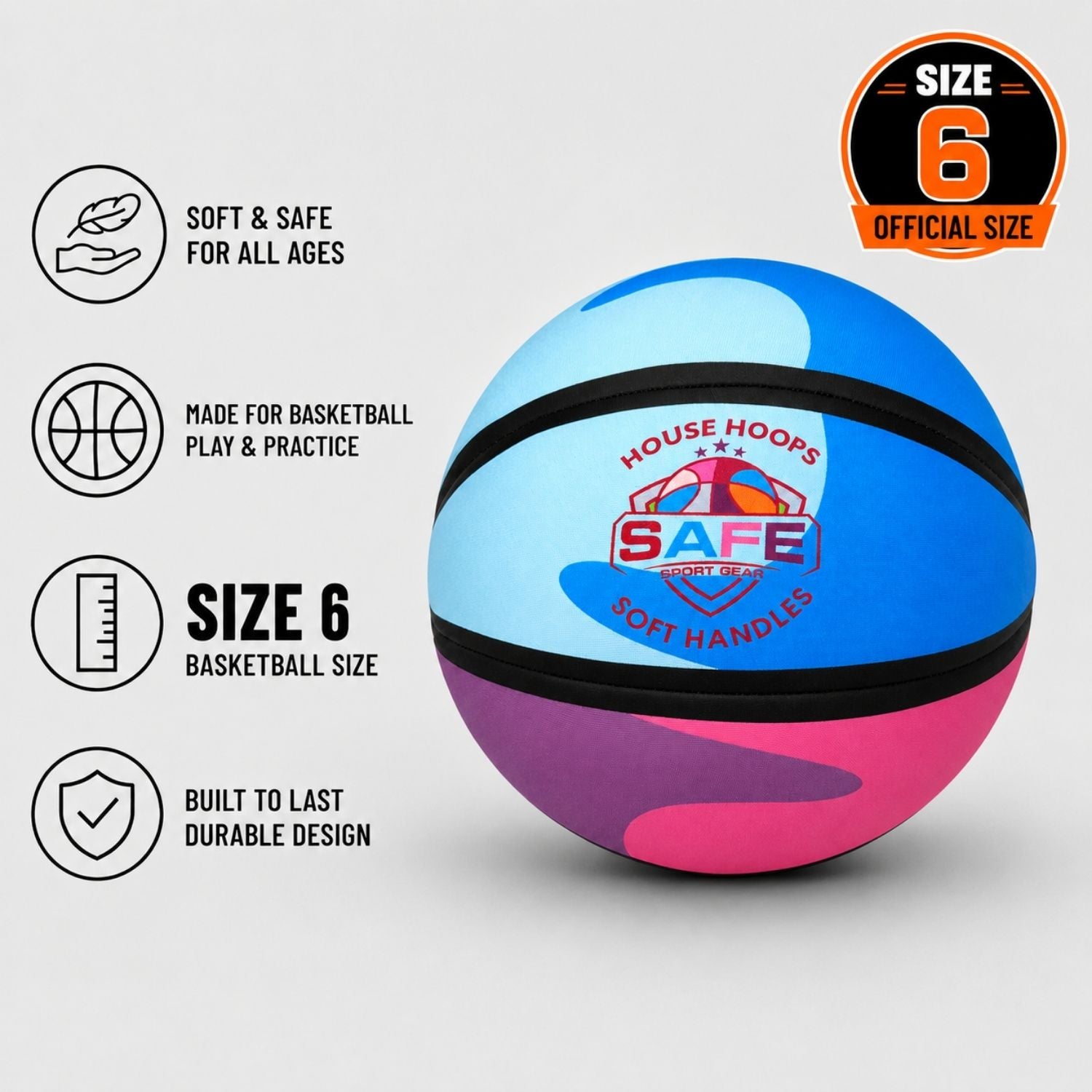 HouseHoops Basketball - Soft Handles with blue, pink, and black design on a gray background with features listed.