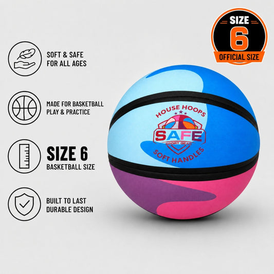 HouseHoops Basketball with blue, pink, and black design on a gray background with features listed.