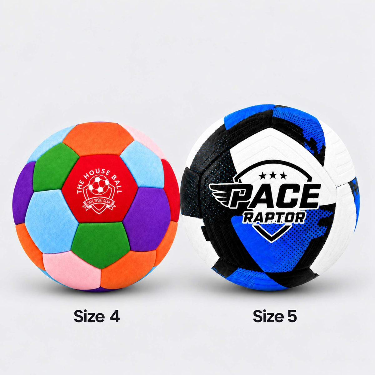 Two soccer balls shown side by side on a light gray background, labeled Size 4 and Size 5. The left ball is house ball with orange, green, blue, purple, pink, and light blue panels, plus a red center patch reading "THE HOUSE BALL.