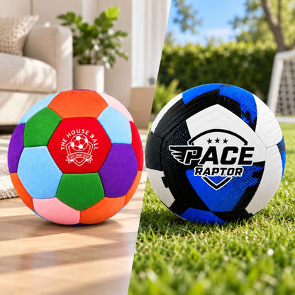 Two soccer balls shown side by side: a multicolor patchwork ball labeled "THE HOUSE BALL" on a wooden floor, and a black, white, and blue ball labeled "PACE RAPTOR" on grass outdoors.