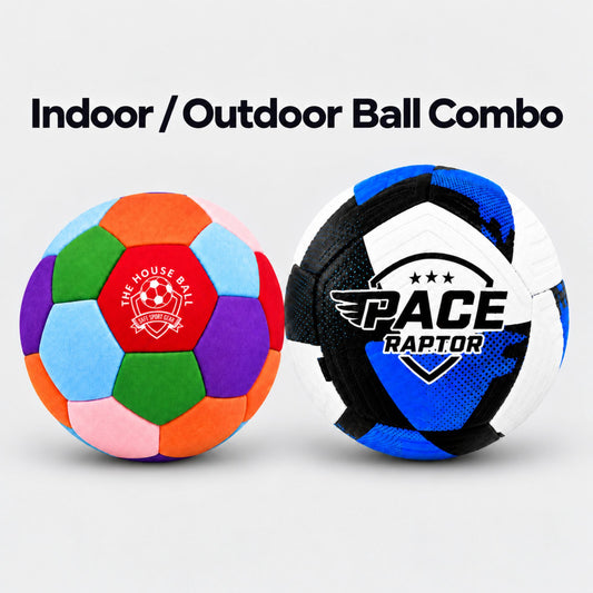 Two soccer balls shown side by side on a light gray background with the text 'Indoor / Outdoor Ball Combo' above them. The left ball is house ball with orange, green, blue, purple, pink, and light blue panels, plus a red center panel reading 'The HouseBall" On the right is a Pace Raptor - blue soccer ball.