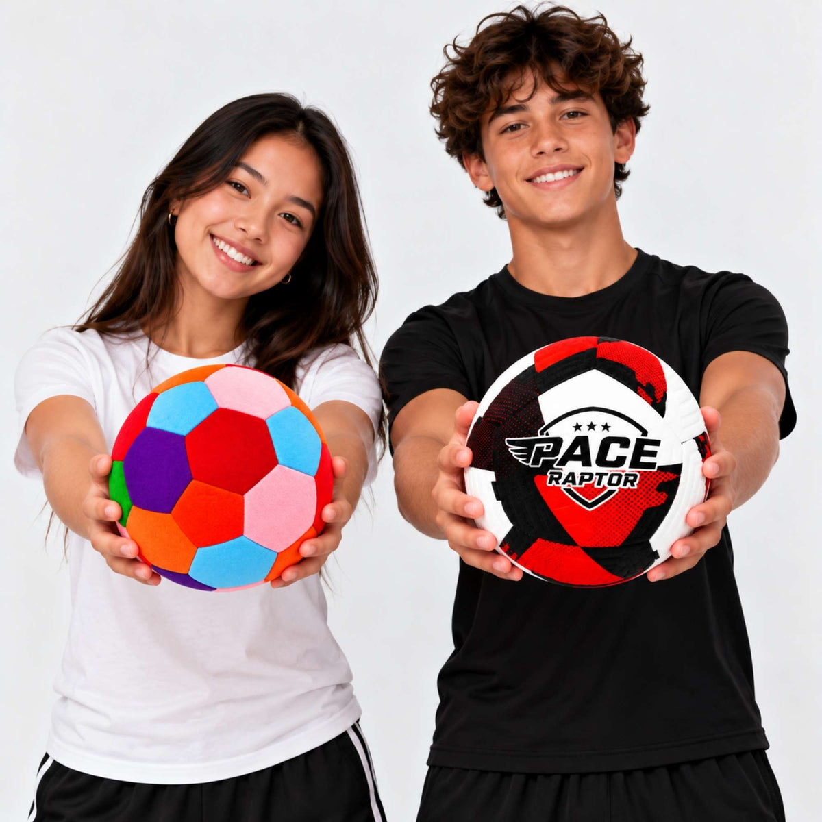 Two children holding soccer balls against a light gray background. The child on the left holds a colorful soccer ball, and the child on the right holds a black, red, and white soccer ball with the 'PACE RAPTOR' logo.