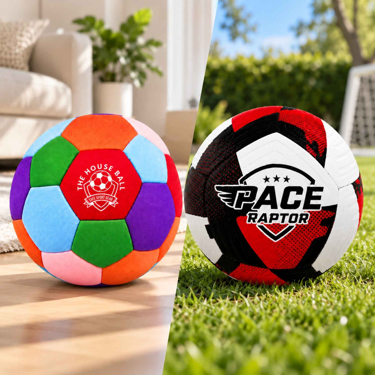 Two soccer balls shown side by side: a colorful patchwork ball with a red center logo reading 'THE HOUSE BALL' on a wooden floor, and a black, white, and red ball with 'PACE RAPTOR' on grass outdoors. The background is split between a living room interior and a garden setting.