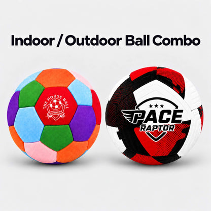 Two soccer balls shown side by side on a light gray background with the text 'Indoor / Outdoor Ball Combo' above them. The left ball is multicolored with orange, green, blue, purple, pink, and light blue panels, plus a red center panel reading 'THE HOUSE BALL'.