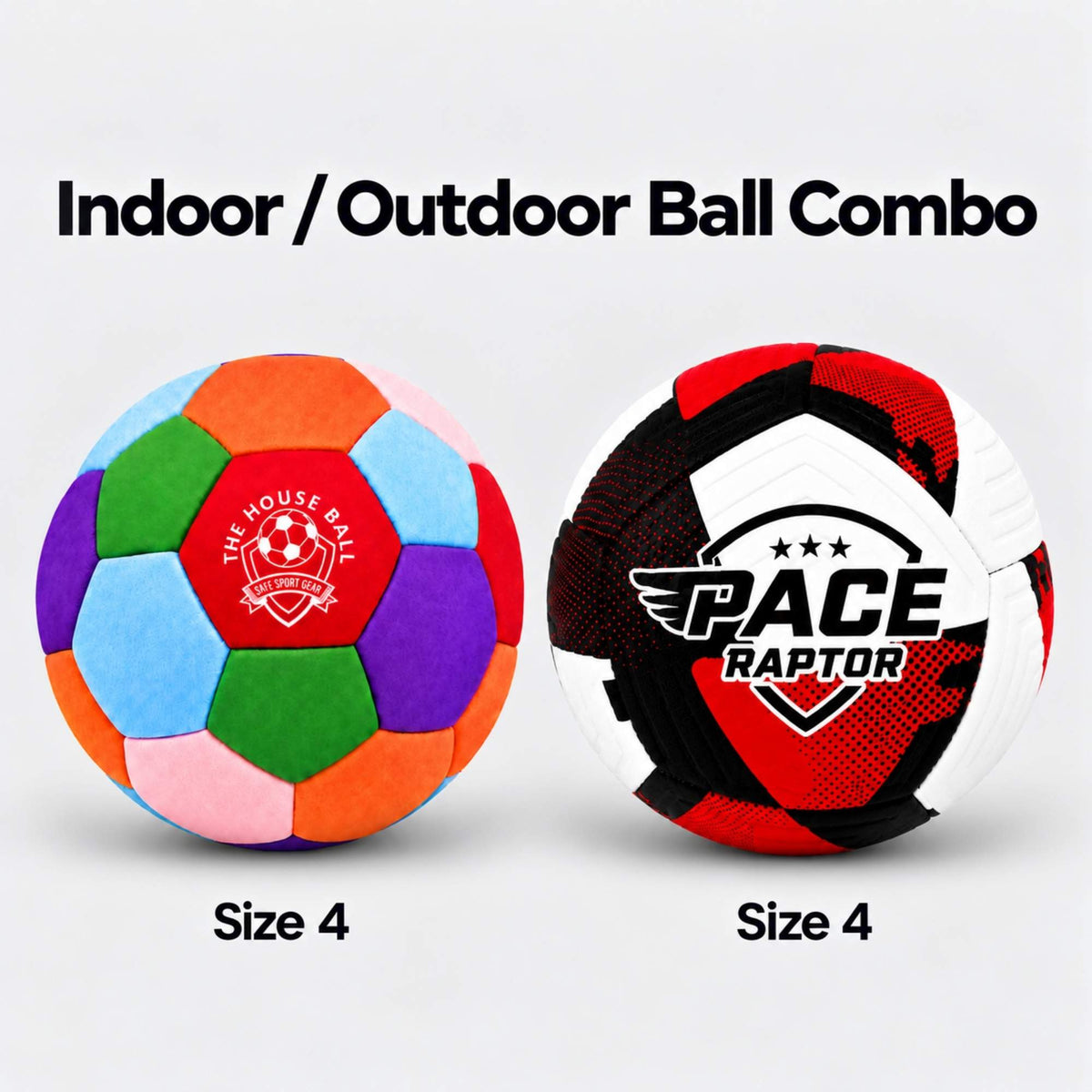 Two soccer balls labeled 'Size 4' on a light gray background under the heading 'Indoor / Outdoor Ball Combo.' The left ball is multicolored with orange, green, purple, blue, pink, and light blue panels plus a red center patch reading 'THE HOUSE BALL.